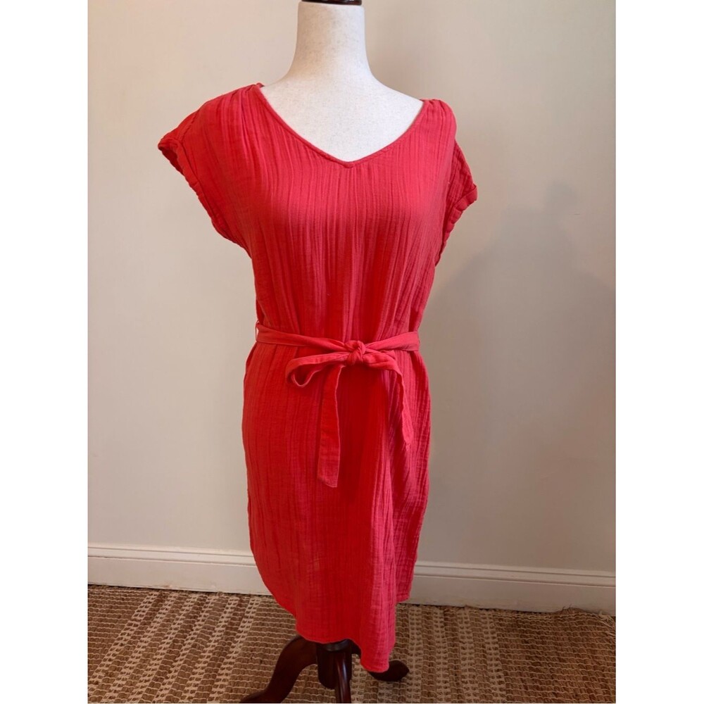 Sonoma Red V-Neck Belted Gauze Dress Cotton - Picture 1 of 5